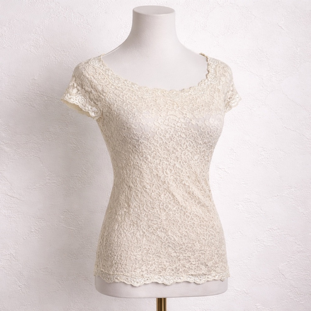 Vintage Cream Lace Top Soft Romantic Sheer Cap Sleeve Fairycore Blouse S